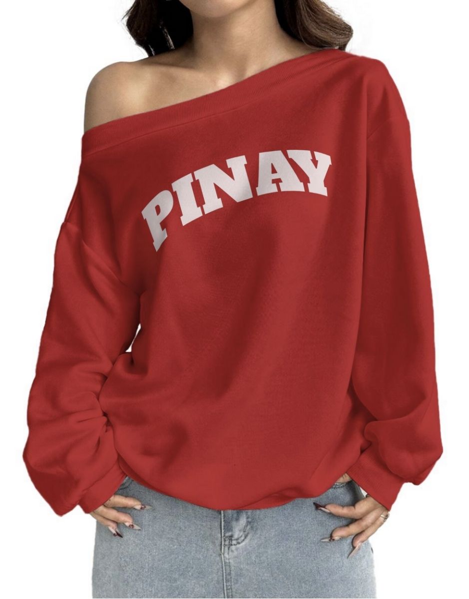 Pinay Off-Shoulder Sweatshirt with Micro-Fleece Lining | Red