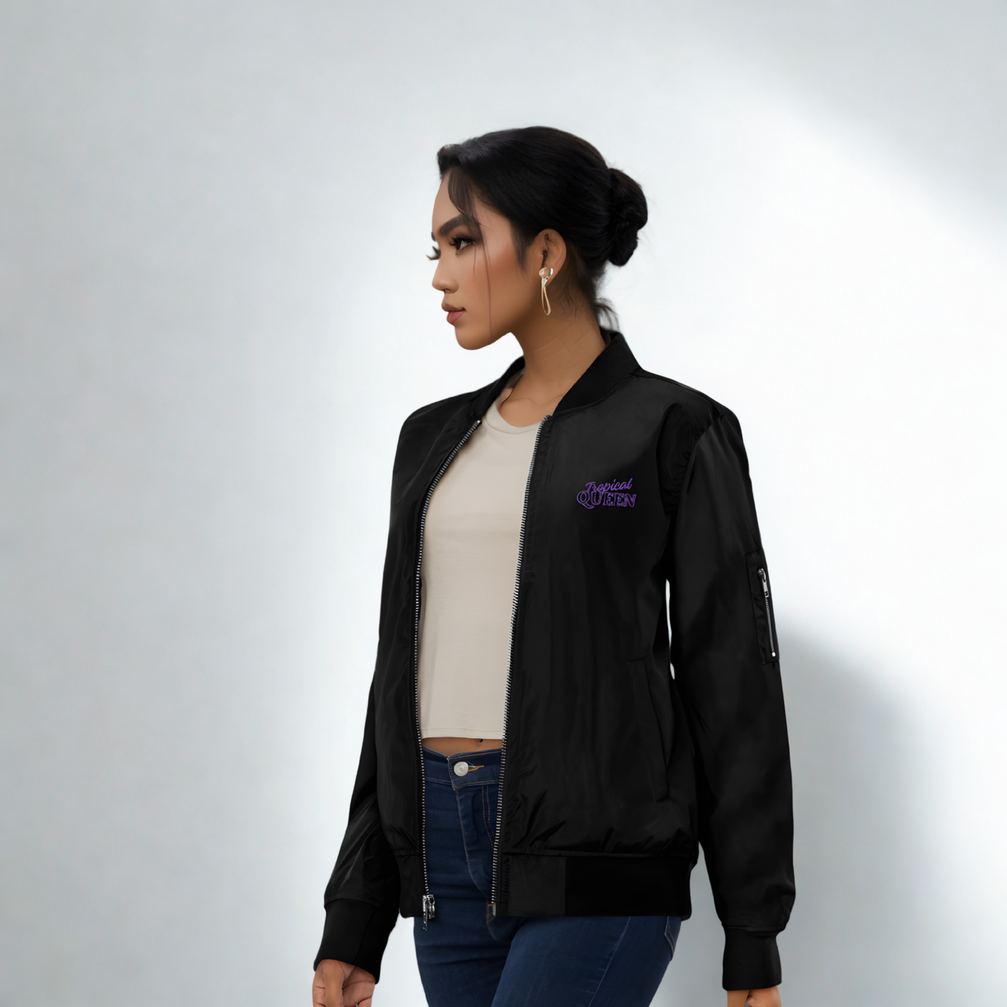 Tropical Queen Bomber Jacket - Black | Purple
