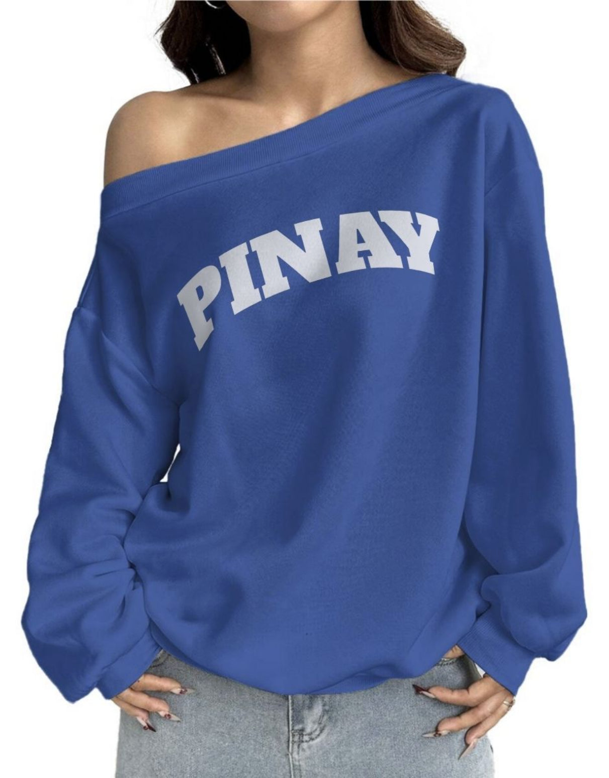 Pinay Off-Shoulder Sweatshirt with Micro-Fleece Lining | Blue